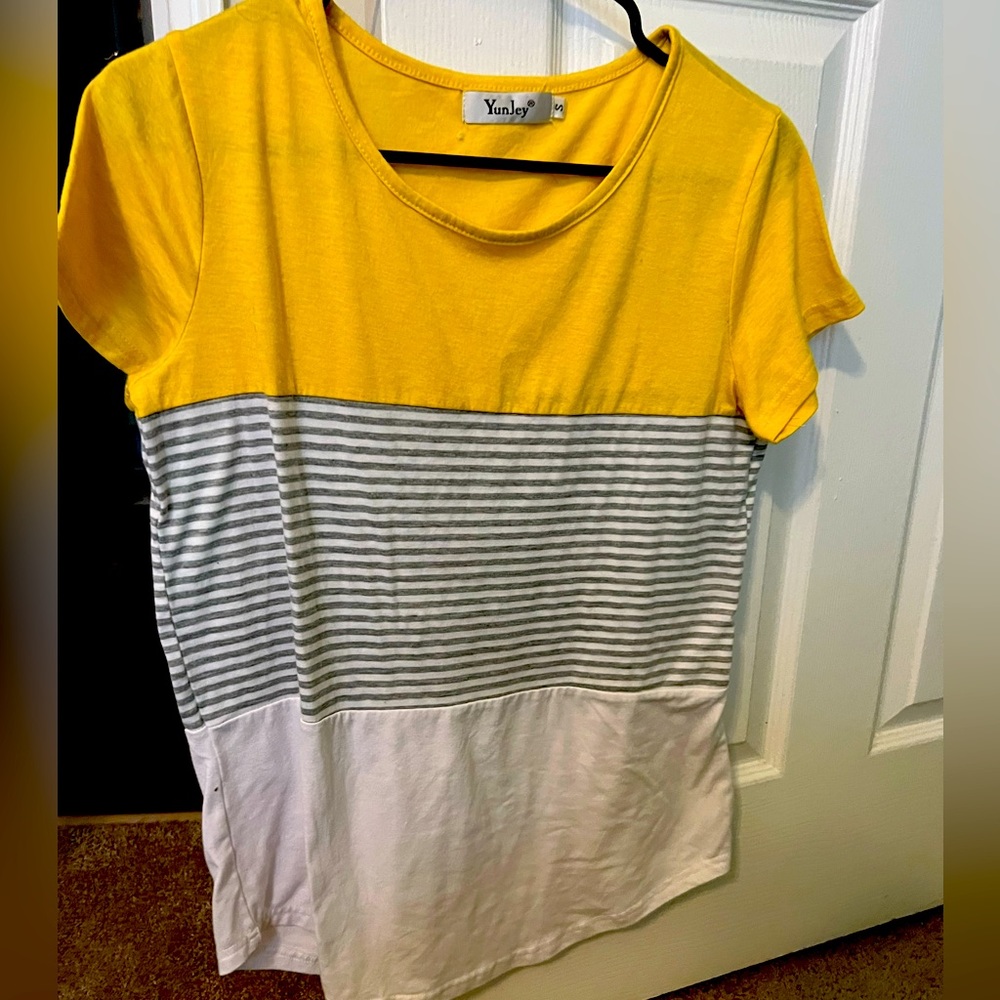 Yun Jey Yellow, white, and gray shirt with stripes!